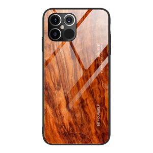 iPhone 12 / iPhone 12 Pro Schutzhülle Case Cover mit Glas Rückseite und Gummi Rand Holzoptik Orange