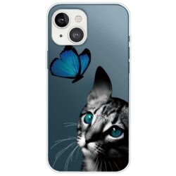iPhone 14 Super Slim Gummi Schutzhülle Katze Schmetterling