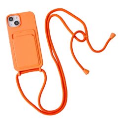 iPhone 15 Handykette Halsband Silikon Hülle mit Kreditkartenfach Orange