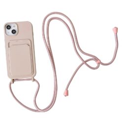 iPhone 15 Handykette Halsband Silikon Hülle mit Kreditkartenfach Rose